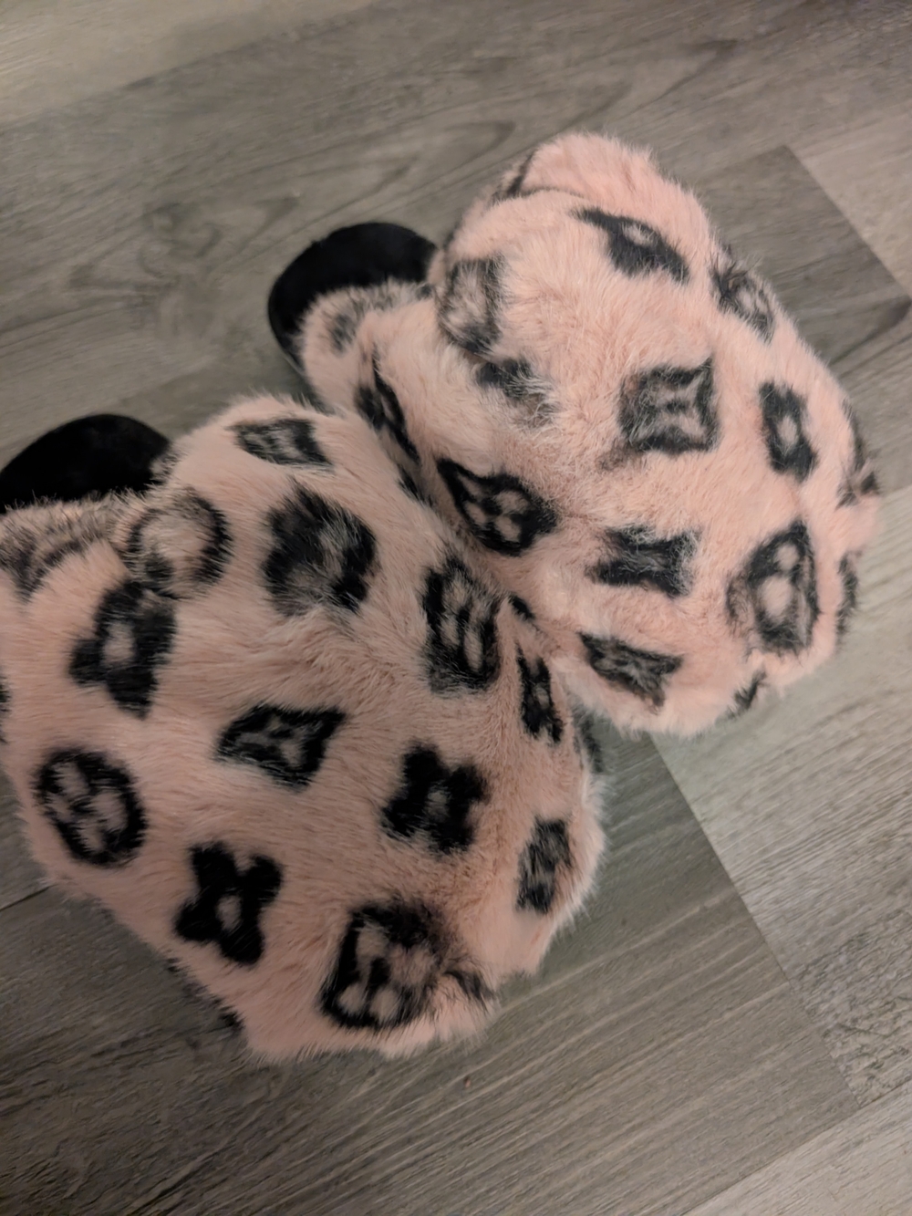 Pink Fuzzy Kids Slippers with Black Pattern